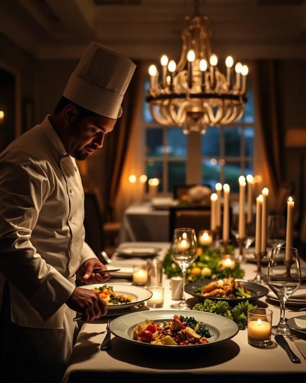 Chef Michael plating a private multi-course dinner for guests